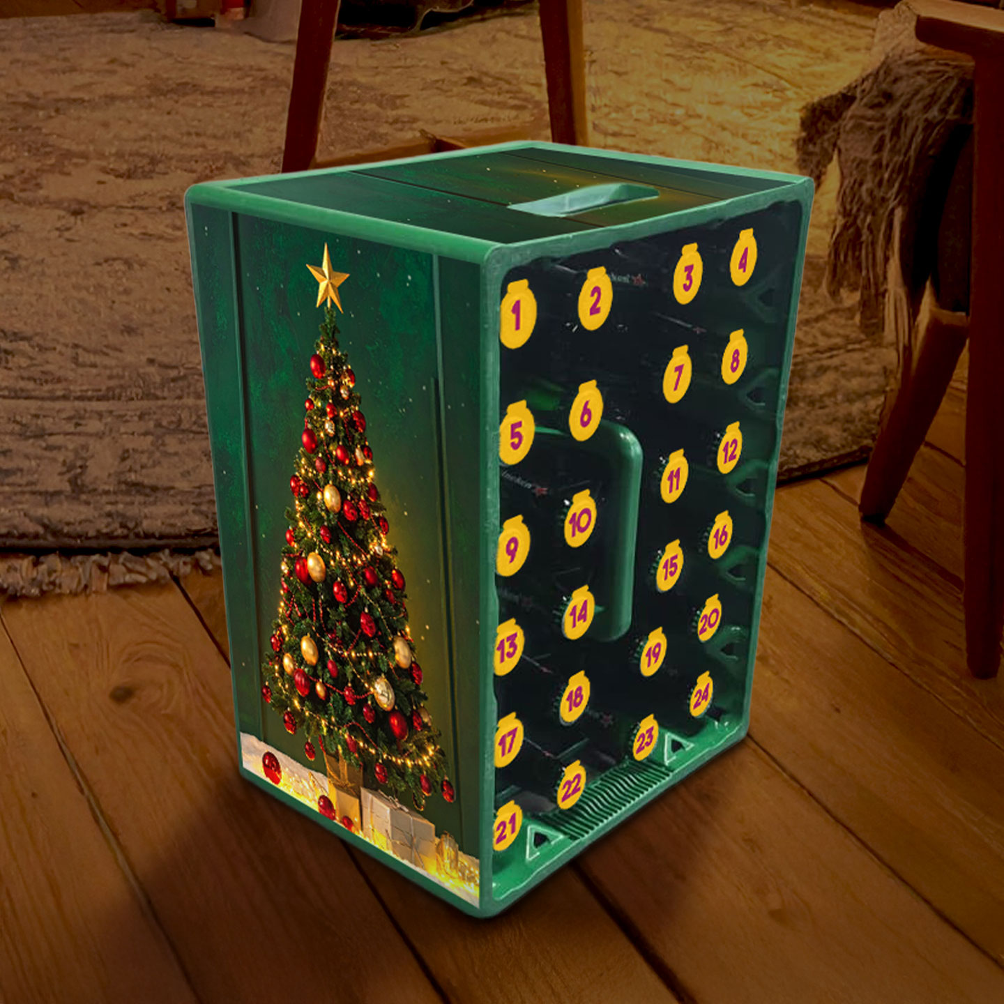 Adventskalender Bierkrat met kerstboom ontwerp, gebruikt als kerstdecoratie in huis
