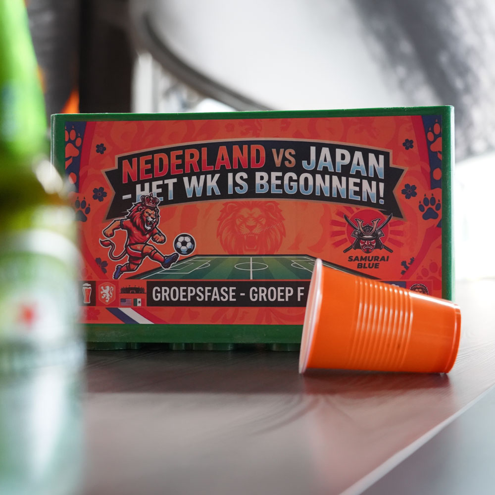 Bierkrat sticker voor de WK 2026-wedstrijd Nederland - Japan op 14 juni, op maat voor Heineken, Hertog Jan, Amstel, Jupiler, De Klok, Brand of Krombacher krat