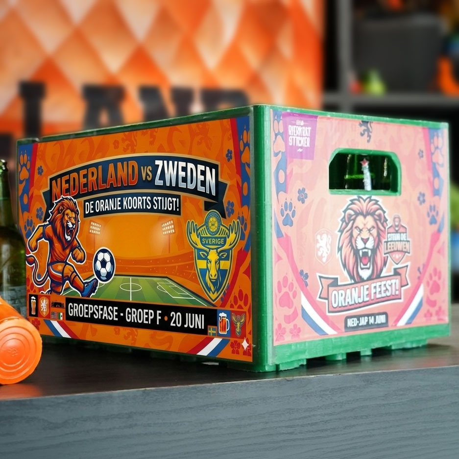 Bierkrat sticker voor de WK 2026-wedstrijd Nederland - Zweden op 20 juni, op maat voor Heineken, Hertog Jan, Amstel, Jupiler, De Klok, Brand of Krombacher krat